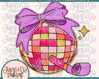 Boule à facettes coquette PNG| Fichier de sublimation boule disco | Design de chemise de réveillon du Nouvel An fille | Art imprimable dessiné à la main | Téléchargement numérique