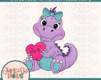 Valentine's Dino Girl PNG| Dinosaur Doodle Sublimation File| Valentine's Day Shirt Design| Hand Sketched Printable Art| Instant Download