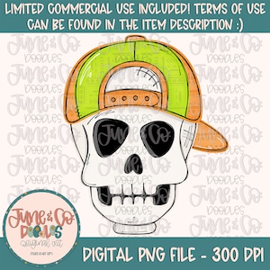 May include: A white skull wearing a green and orange baseball cap. The skull has black eyes and a toothy grin. The cap has a curved brim and a small orange logo on the front.