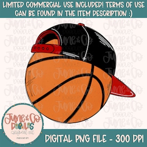 Cool Basketball Red & Black PNG| Basketball With Hat Sublimation File|Boys Bball Shirt Design| Hand Sketched Printable Art| Instant Download