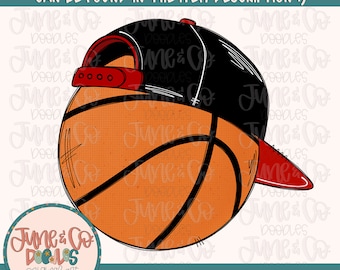 Cool Basketball Red & Black PNG| Basketball With Hat Sublimation File|Boys Bball Shirt Design| Hand Sketched Printable Art| Instant Download