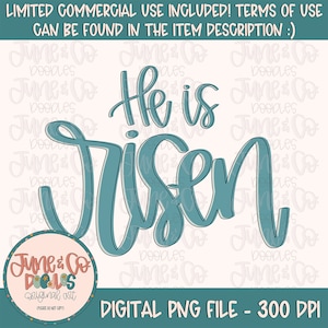 May include: Teal blue text on a white background that reads "He is Risen".