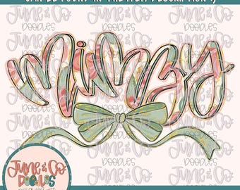 May include: A digital graphic design featuring the name "Minzy" in pink and green with a floral pattern. A green and gold bow is below the name with a ribbon extending to the sides.