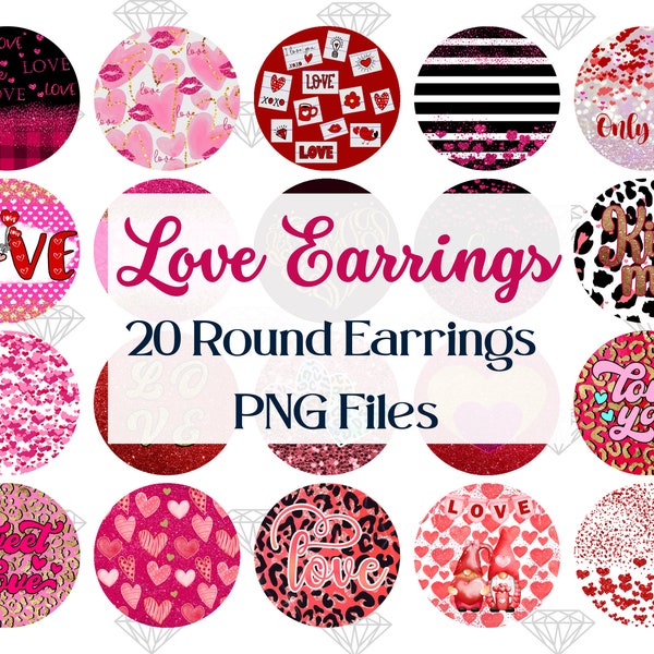 20 Round Earrings PNG Bundle, Love Earrings Sublimation, Pink And Red Hearts Earring Designs, Romantic Earrings Template, Digital File