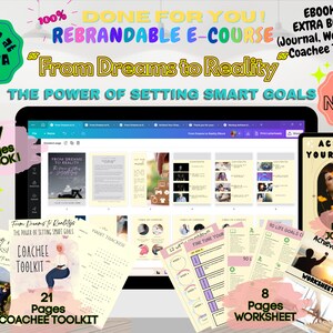 Op de afbeelding: Een digitale productmockup voor een rebrandbare e-cursus met de titel "Van Dromen naar Realiteit: De kracht van het stellen van SMART-doelen". De mockup toont een e-boek van 67 pagina's, een coachee-toolkit van 21 pagina's, een werkblad van 8 pagina's en een dagboek van 32 pagina's. De e-cursus wordt beschreven als "100% klaar voor jou!" en bevat extra bonusmateriaal.