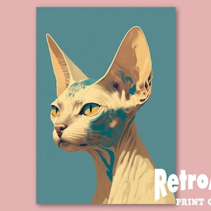 Large A0 (1189 x 841mm) (33&quot; x 47&quot;) Printable Wall Art - Canadian Sphynx Cat on Blue Mid-Century Retro Gouache