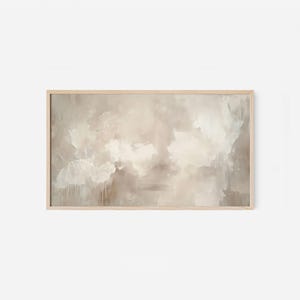 Neutral abstract Samsung Frame TV Art displayed in a light wood frame on a white background, showcasing digital artwork for The Frame TV.