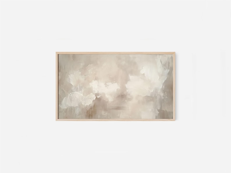 Neutral abstract Samsung Frame TV Art displayed in a light wood frame on a white background, showcasing digital artwork for The Frame TV.