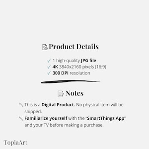 May include: A digital product details page with the text "Product Details" and bullet points listing a high-quality JPG file, 4K resolution, and 300 DPI. Additional notes state it's a digital product and to familiarize yourself with the "SmartThings App".
