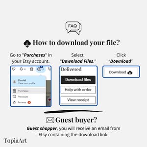 May include: A graphic with instructions on how to download a file from Etsy. The steps include going to "Purchases", selecting "Download Files", and clicking "Download". Text also explains the process for guest buyers.