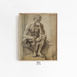 DIGITAL Antique Greek Art | Thoughtful Statue Line Art | Vintage Roman Decor | Digital Art Print | Drawing Art | Printable Wall Art