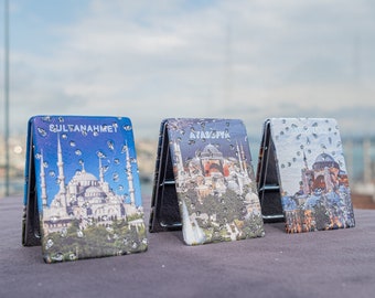 Hand Embroidered Velvet Mirror, Makeup Mirror Set, Birthday Gift, Pocket Mirror, Hagia Sophia Mosque, Blue Mosque
