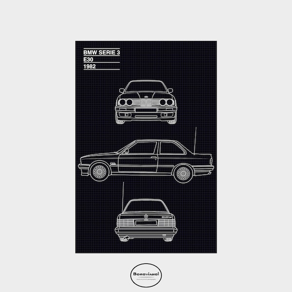 BMW e30 1982 design graphique imprimé sur du papier photo, voiture ancienne, illustration, affiche, anniversaire, impression murale, 20x30