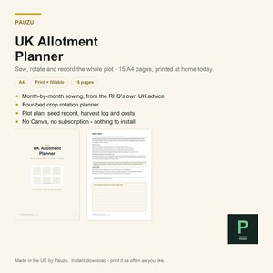 May include: A digital UK Allotment Planner document featuring 15 A4 pages for sowing, crop rotation, and harvest records. The layout includes a title page and a start page with instructions, presented in a clean, professional format for home printing.