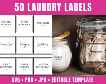 Laundry Labels Template with 50 Laundry SVG Labels | Printable and Editable Laundry Room Labels Cut Files for Cricut | Storage Labels