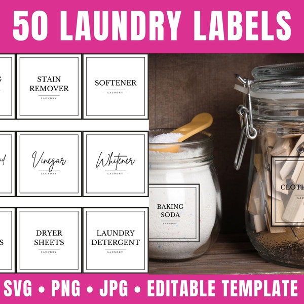 Laundry Labels Template with 50 Laundry SVG Labels | Printable and Editable Laundry Room Labels Cut Files for Cricut | Storage Labels