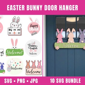 Easter Bunny Door Hanger SVG for Cricut, Easter Welcome Sign Svg Templates, Happy Easter Svg, Laser Cut Door Hanger Svg for Glowforge