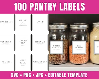 Printable Pantry Labels Template with 100 Square Labels for Pantry | Minimalist Pantry Labels | Editable Pantry Labels SVG, PDF, Cricut