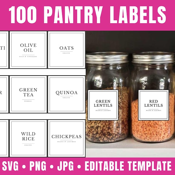 Printable Pantry Labels Template with 100 Square Labels for Pantry | Minimalist Pantry Labels | Editable Pantry Labels SVG, PDF, Cricut