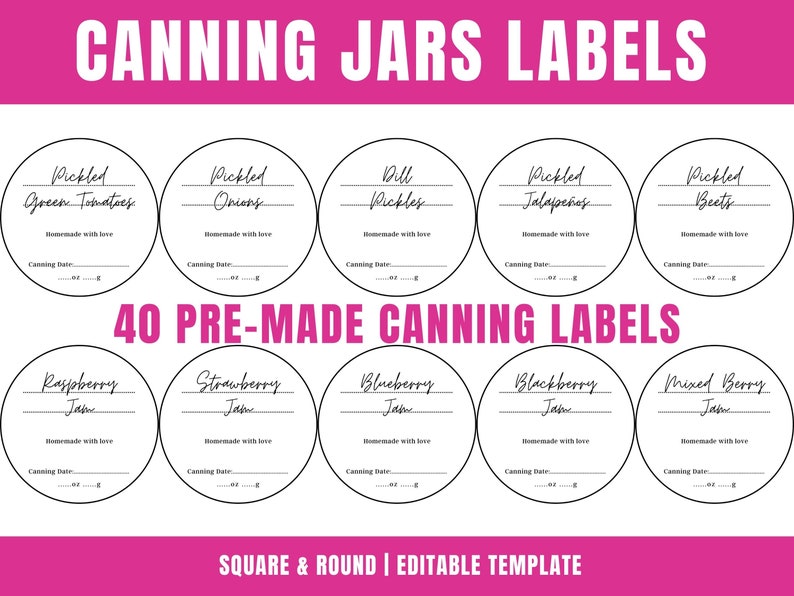 Canning Labels Template With 40 Editable Jar Labels - Square and Round for Jar Lids | Printable ...
