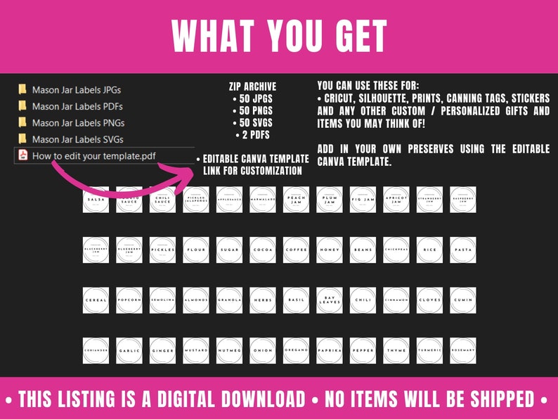 what you get in the editable mason jar labels template