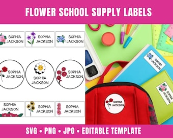 Etiketten bloemenschoolbenodigdheden, bewerkbare naamkaartjes (SVG, PNG, JPG)