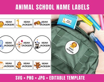 Dierlijke SVG-schoolnaamlabels, aanpasbare naamplaatjes voor kinderen (digitale download)