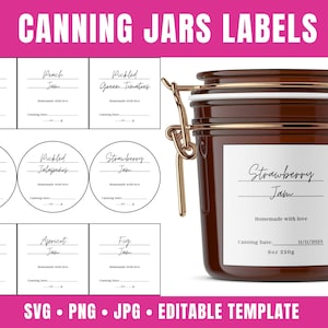 Modèle d'étiquettes de mise en conserve avec 40 étiquettes de pots modifiables - Carrées et rondes pour couvercles de pots | Étiquettes imprimables et modifiables pour pots de conserve | SVG, PNG, PDF