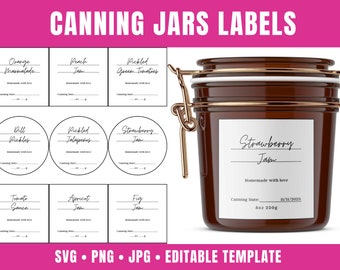 Sjabloon voor inblikkende etiketten met 40 bewerkbare potetiketten - vierkant en rond voor potdeksels | Afdrukbare, bewerkbare etiketten voor inblikkende potten | SVG, PNG, PDF