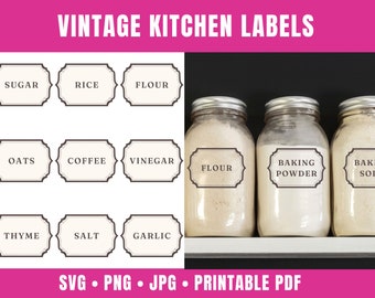 Vintage keukenetikettensjabloon met 70 antieke voorraadetiketten en retro kruidenetiketten | Afdrukbare, bewerkbare containerlabels | SVG, PNG, PDF