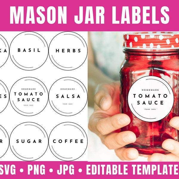 Mason Jar Labels Template with 50 Editable Jar Labels for Canning, Spices, Pantry | Printable Custom Jar Stickers SVG Cut Files for Cricut