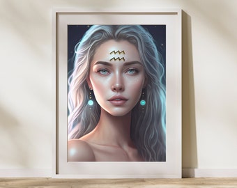 Zodiac Sign Wall Art - Aquarius Asian-Blond-Platinum Girl - Golden Zodiac Symbols Collection