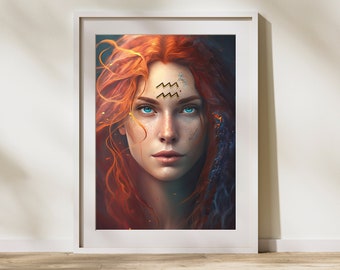 Zodiac Sign Wall Art - Aquarius Red Hair Girl - Golden Zodiac Symbols Collection