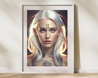 Zodiac Sign Wall Art - Gemini Platinum Blond Girl - Golden Zodiac Symbols Collection