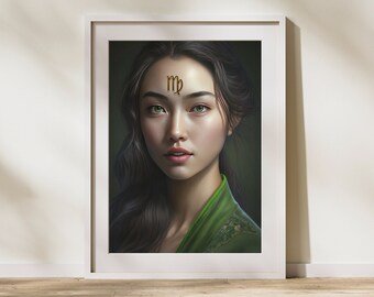 Zodiac Sign Wall Art - Virgo Eurasian Girl - Golden Zodiac Symbols Collection