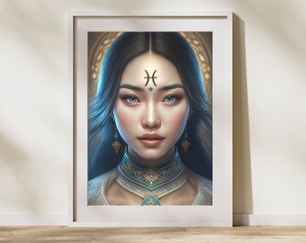 Zodiac Sign Wall Art - Pisces Asian Girl - Golden Zodiac Symbols Collection