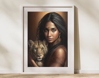 Zodiac Sign Wall Art - Leo Asian Girl Hugging Lion Bronze Background - Girls & Animals Collection