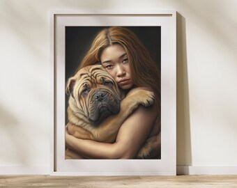 Zodiac Sign Wall Art - Virgo Asian Girl Hugging Sharpei Dog- Girls & Animals Collection