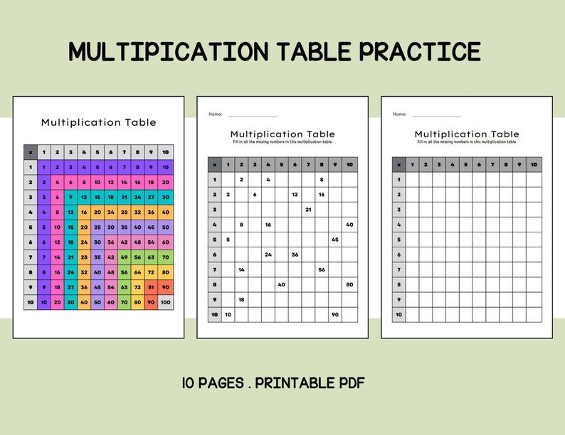 10 Printable Multiplication Table Practice math Worksheets - Etsy