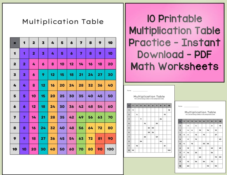 10 Printable Multiplication Table Practice math Worksheets Instant