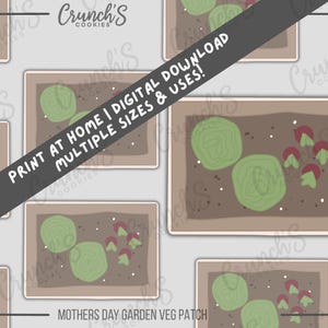 May include: Printable digital download of a Mother's Day garden themed cookie cutter design. The design features a brown rectangular garden bed with two green cabbages and red radishes.