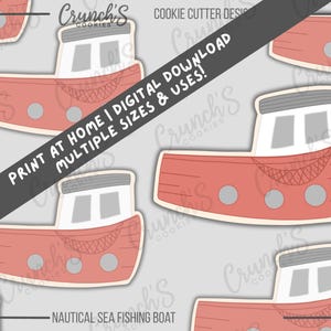 May include: A repeating pattern of red and white nautical fishing boat cookie cutter designs. The boats have a white cabin, gray roof, and a red hull with three gray circles. Text on the image reads "Print at Home | Digital Download | Multiple Sizes & Uses!"