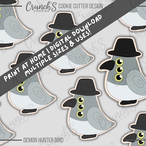 May include: A repeating pattern of cookie cutter designs featuring a cartoon bird wearing a black hat. The bird is gray with yellow eyes and a black beak. Text on the image reads "PRINT AT HOME | DIGITAL DOWNLOAD MULTIPLE SIZES & USES!" and "DEMON HUNTER BIRD".