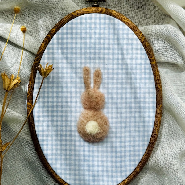 Felted Vintage Nursery Bunny on Blue Gingham Cotton Fabric - Embroider Hoop Wall Art
