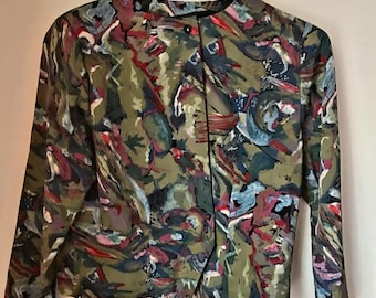 Vintage 1980s art pattern buttoned blouse shirt size UK 10-14