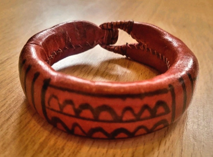 Vintage Handmade Chunky Leather Brown Bangle Unique - Etsy