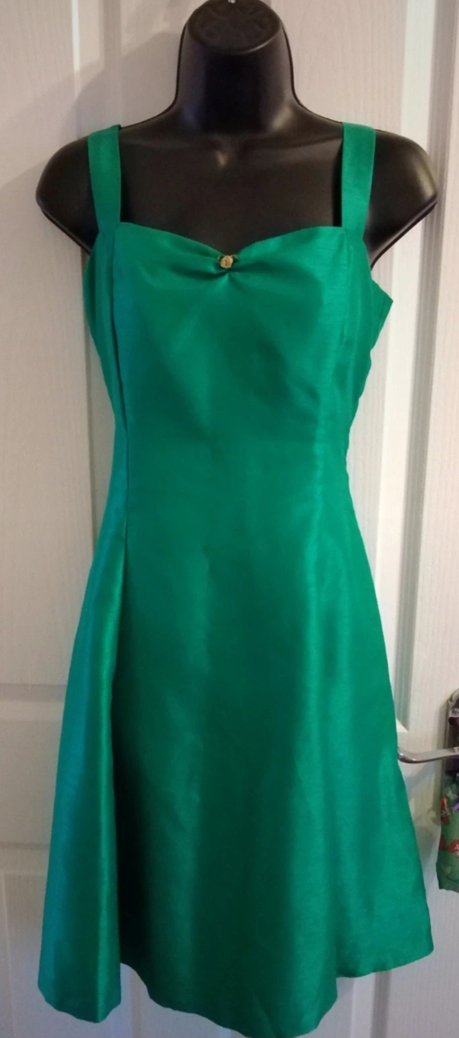 Vintage Green Handmade prom wedding special occasion dress gold rose detail size UK 10.