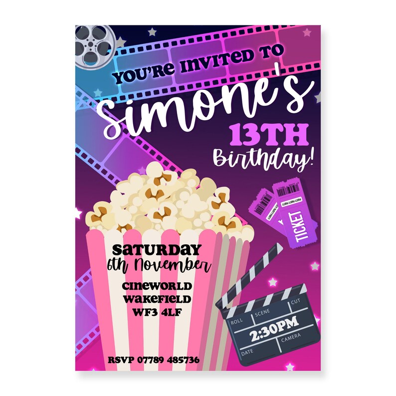 Kids Movie Birthday Party Invitation Template Templett File Cinema ...