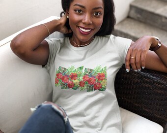 Women's T-Shirt with Red Tropical Flowers, Flowered Women's Tee, Tropical Ladies' T-Shirt