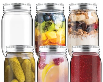 May include: A set of six clear glass mason jars with silver metal lids. One jar is empty, while the others are filled with various contents including sliced fruit, yogurt with granola, whole pickles, lemon and berry water, and red jam.